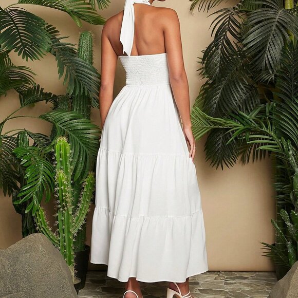 White Boho Women's Summer Vacation Solid Color Woven Halterneck White Maxi Dress - Picture 2 of 5